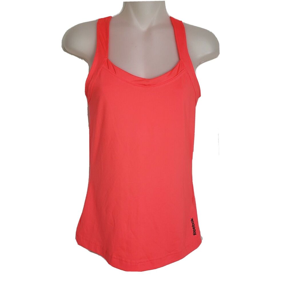 Reebok Womens Top XS High Neck Coral Built-In Bra Workout Tank Stretch Razorback